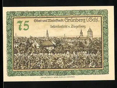 Notgeld Grünberg /Schl. 1921, 75 Pfennig, Gesamtansicht vom Ziegelberg, Wappen, Kinderfiguren