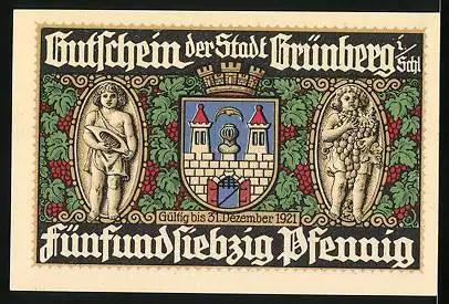 Notgeld Grünberg /Schl. 1921, 75 Pfennig, Gesamtansicht vom Ziegelberg, Wappen, Kinderfiguren