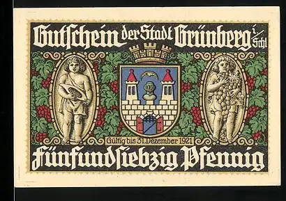 Notgeld Grünberg /Schl. 1921, 75 Pfennig, Ring, Wappen, Kinderfiguren
