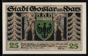 Notgeld Goslar 1920, 25 Pfennig, Wappen, Tannen, Dukatenmann, Ortspartie