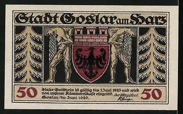 Notgeld Goslar 1920, 50 Pfennig, Wappen, Tannen, Dukatenmann, Haus