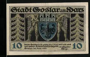 Notgeld Goslar 1920, 10 Pfennig, Wappen, Tannen, Dukatenmann, Haus