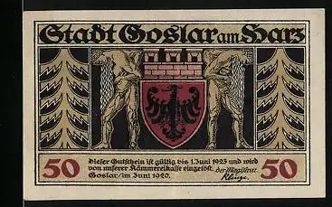 Notgeld Goslar 1920, 50 Pfennig, Wappen, Tannen, Dukatenmann, Haus