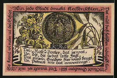 Notgeld Grabow 1922, 75 Pfennig, Wappen, Hopfen und Ähren, Rose-Porter