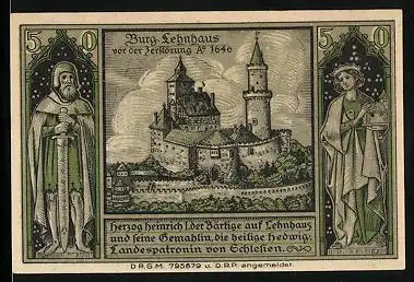 Notgeld Lähn /Riesengeb., 50 Pfennig, Wappen, Burg, Heinrich I. der Bärtige und hl. Hedwig