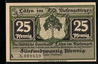 Notgeld Lähn /Riesengeb., 25 Pfennig, Wappen, Birkenau im 11. Jahrhundert