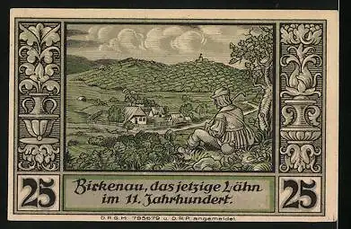 Notgeld Lähn /Riesengeb., 25 Pfennig, Wappen, Birkenau im 11. Jahrhundert