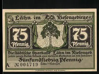 Notgeld Lähn /Riesengeb., 75 Pfennig, Wappen, Landsknechte beim Spiel