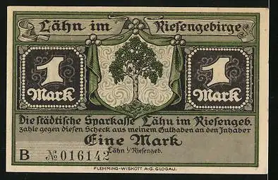 Notgeld Lähn /Riesengeb., 1 Mark, Wappen, Unfreiwillige Rast Friedrichs des Grossen