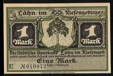 Notgeld Lähn /Riesengeb., 1 Mark, Wappen, Unfreiwillige Rast Friedrichs des Grossen