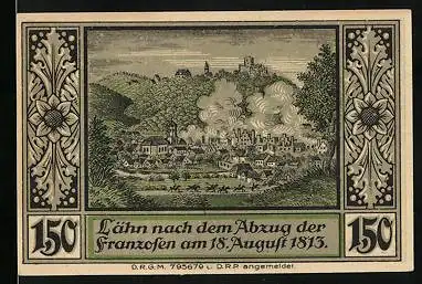 Notgeld Lähn /Riesengeb., 1,50 Mark, Wappen, Ortsansicht nach Abzug der Franzosen