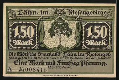Notgeld Lähn /Riesengeb., 1,50 Mark, Wappen, Ortsansicht nach Abzug der Franzosen