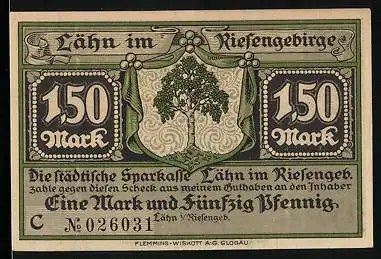 Notgeld Lähn /Riesengeb., 1,50 Mark, Wappen, Ortsansicht nach Abzug der Franzosen