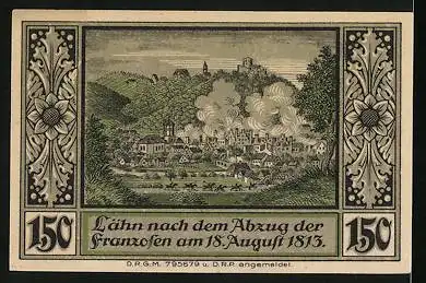 Notgeld Lähn /Riesengeb., 1,50 Mark, Wappen, Ortsansicht nach Abzug der Franzosen