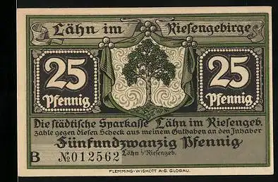 Notgeld Lähn /Riesengeb., 25 Pfennig, Wappen, Ansicht von Birkenau