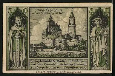 Notgeld Lähn /Riesengeb., 50 Pfennig, Wappen, Burg, Heinrich I. der Bärtige und hl. Hedwig