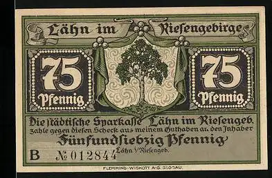 Notgeld Lähn /Riesengeb., 75 Pfennig, Wappen, Landsknechte beim Spiel