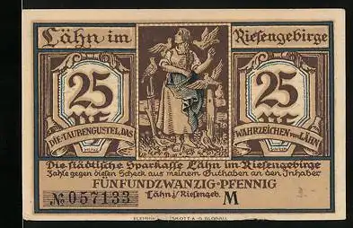 Notgeld Lähn /Riesengeb., 25 Pfennig, Ortspartie mit Brunnen, Taubengustel