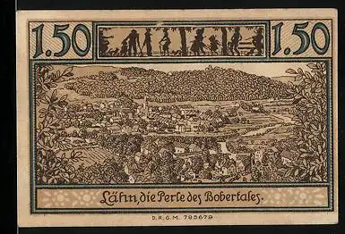 Notgeld Lähn /Riesengeb., 1,50 Mark, Gesamtansicht, Taubengustel