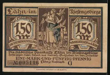 Notgeld Lähn /Riesengeb., 1,50 Mark, Gesamtansicht, Taubengustel