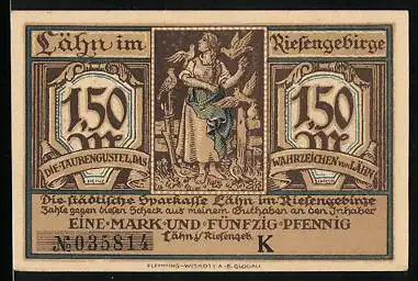 Notgeld Lähn /Riesengeb., 1,50 Mark, Ortsansicht, Taubengustel