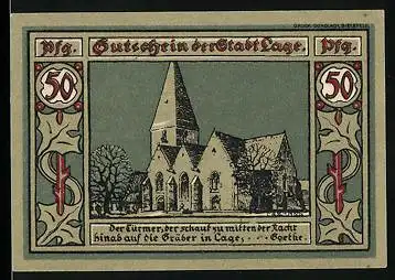 Notgeld Lage /Lippe 1921, 50 Pfennig, Kirche, Wappen