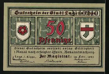 Notgeld Lage /Lippe 1921, 50 Pfennig, Kirche, Wappen