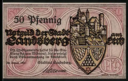 Notgeld Landsberg a. Lech 1921, 50 Pfennig, Wappen, Ruethenfest