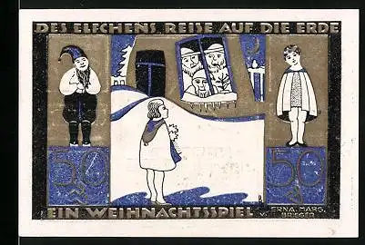 Notgeld Langeln /Hemdingen 1921, 50 Pfennig, Weihnachtsspiel Elfchens Reise, Kind vor Fenster, Tanne