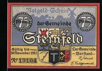 Notgeld Steinfeld 1921, 75 Pfennig, Wappen, Ortspanorama, Frauen unter rotem Schirm