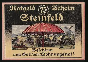 Notgeld Steinfeld 1921, 75 Pfennig, Wappen, Ortspanorama, Frauen unter rotem Schirm