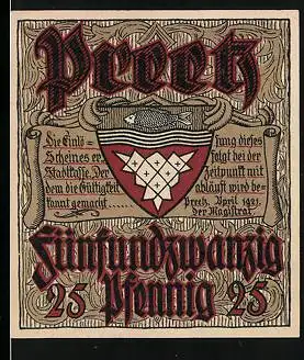 Notgeld Preetz 1921, 25 Pfennig, Wappen, Landstreicher auf einer Brücke