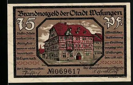 Notgeld Wasungen 1921, 75 Pfennig, Rathaus, Brennender Ort