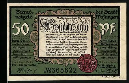 Notgeld Wasungen 1921, 50 Pfennig, Siegel, Ort in Brand