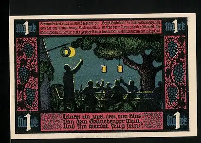 Notgeld Grünberg i. Schl. 1921, 1 Mark, Männer heben ihr Weinglas, Winzer