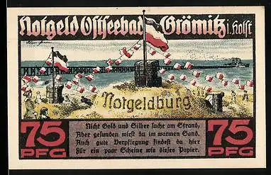 Notgeld Grömitz i. Holst. 1921, 75 Pfennig, Strandpartie mit Flaggen