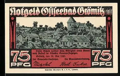 Notgeld Grömitz 1921, 75 Pfennig, Ortsansicht, Strandpartie