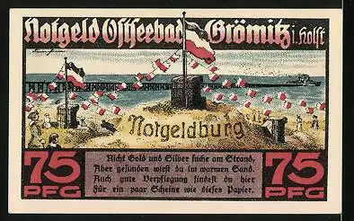 Notgeld Grömitz 1921, 75 Pfennig, Ortsansicht, Strandpartie