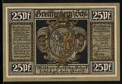 Notgeld Greiffenberg 1920, 25 Pfennig, Ritter schlägt Greif, Ratsherren und Friedrich der Grosse