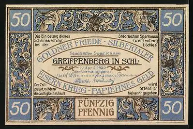 Notgeld Greiffenberg 1920, 50 Pfennig, Ortsansicht, Greifenstatue