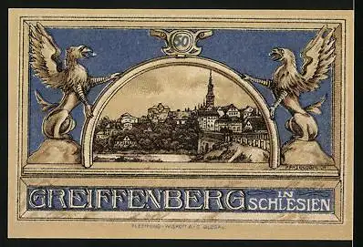 Notgeld Greiffenberg 1920, 50 Pfennig, Greiffnstatue und Ortsansicht