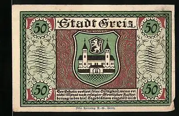 Notgeld Greiz 1921, 50 Pfennig, Stadtwappen, Höhere Schule