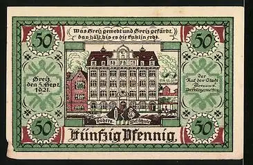 Notgeld Greiz 1921, 50 Pfennig, Stadtwappen, Höhere Schule