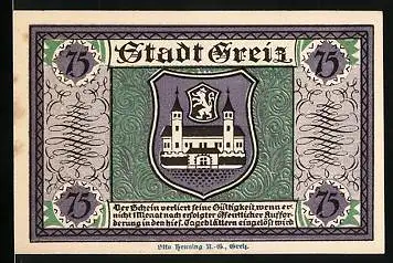 Notgeld Greiz 1921, 75 Pfennig, Stadtwappen, Sommer-Palais