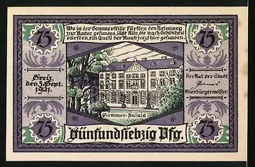 Notgeld Greiz 1921, 75 Pfennig, Stadtwappen, Sommer-Palais