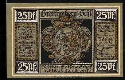 Notgeld Greiffenberg 1920, 25 Pfennig, Ritter schlägt Greif, Ratsherren