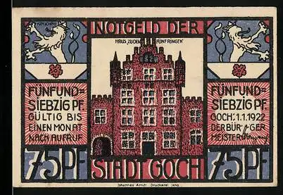 Notgeld Goch 1922, 75 Pfennig, Haus zu den Fünf Ringen, Holländer reisen ein
