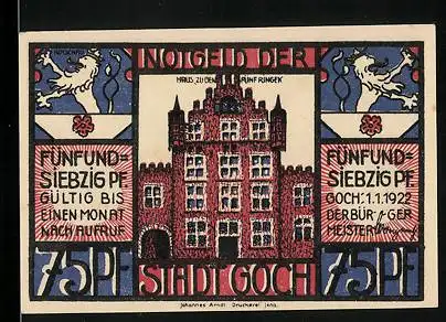 Notgeld Goch 1922, 75 Pfennig, Haus zu den Fünf Ringen, Warenhaus Deutschland