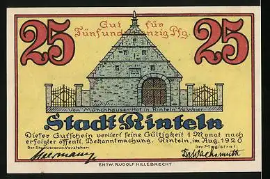 Notgeld Rinteln 1920, 25 Pfennig, Pflock im Bär