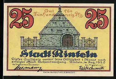 Notgeld Rinteln 1920, 25 Pfennig, Münchhausen-Hof, Bär